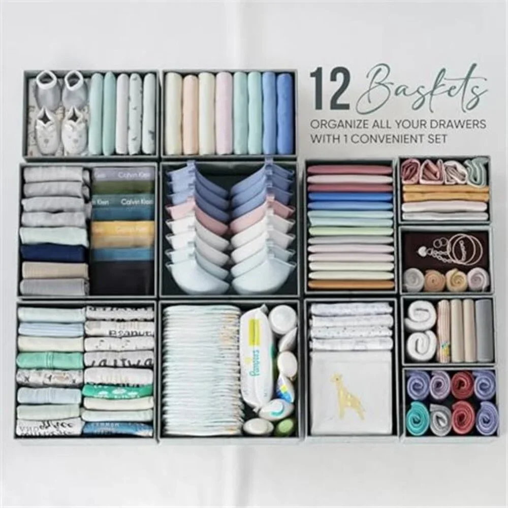 Grey Drawer Organizer Set 12 Dresser Nursery Closet Clothes Storage Bins